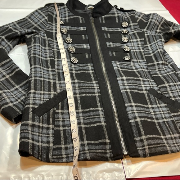 CRUEL black PLAID military Jacket zip Coat Gray Wool Blend Steampunk Goth Small - Picture 6 of 16